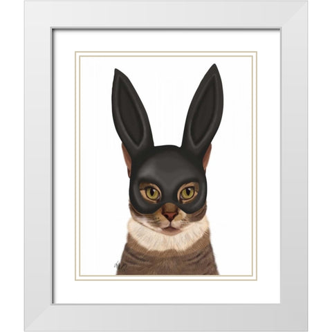 Cat with Bunny Mask White Modern Wood Framed Art Print with Double Matting by Fab Funky