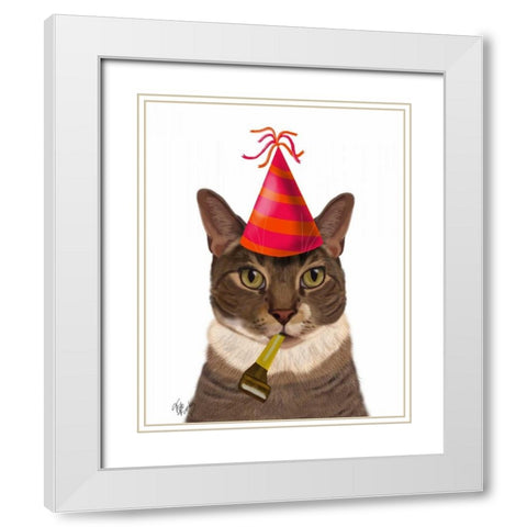 Tortoiseshell Cat, Party Hat White Modern Wood Framed Art Print with Double Matting by Fab Funky