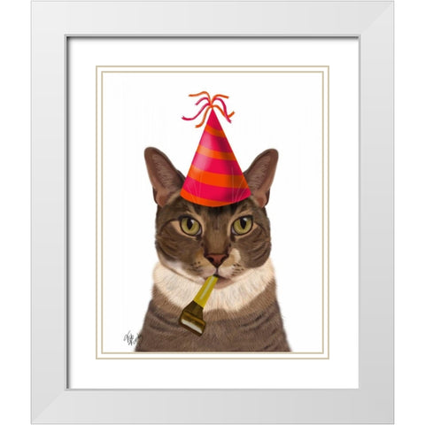 Tortoiseshell Cat, Party Hat White Modern Wood Framed Art Print with Double Matting by Fab Funky