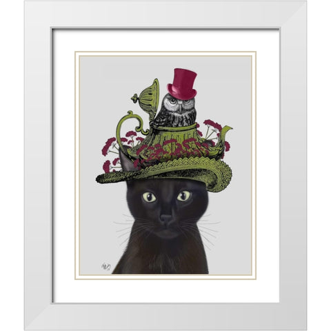 Black Cat with Teapot and Owl White Modern Wood Framed Art Print with Double Matting by Fab Funky