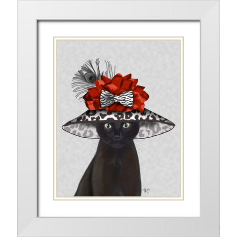 Cat, Black with Fabulous Hat White Modern Wood Framed Art Print with Double Matting by Fab Funky