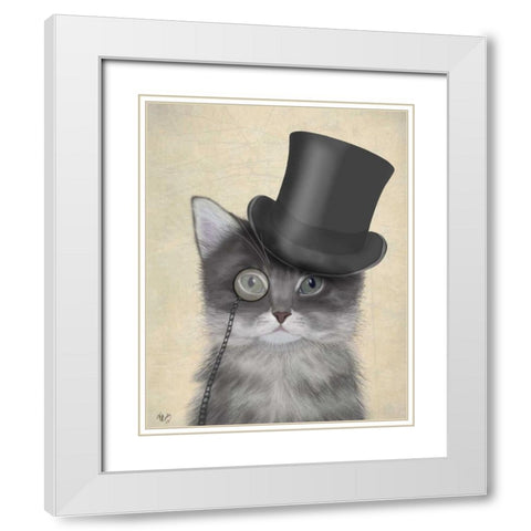 Cat, Grey with Top Hat White Modern Wood Framed Art Print with Double Matting by Fab Funky