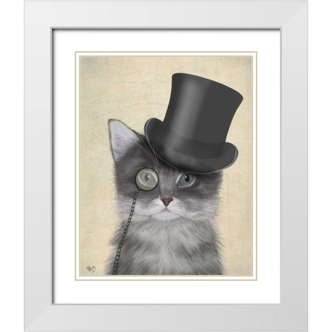 Cat, Grey with Top Hat White Modern Wood Framed Art Print with Double Matting by Fab Funky