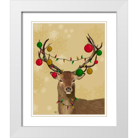 Stag and Baubles White Modern Wood Framed Art Print with Double Matting by Fab Funky