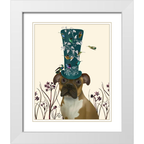 Boxer and Bird Hat White Modern Wood Framed Art Print with Double Matting by Fab Funky