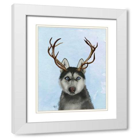 Husky and Antlers White Modern Wood Framed Art Print with Double Matting by Fab Funky