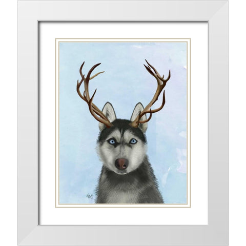 Husky and Antlers White Modern Wood Framed Art Print with Double Matting by Fab Funky