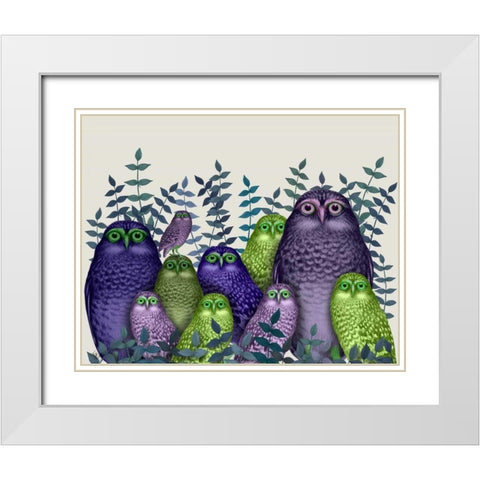 Electric Owls, Purple and Lime White Modern Wood Framed Art Print with Double Matting by Fab Funky