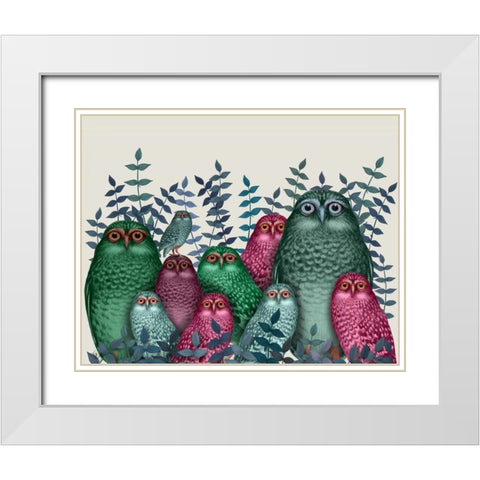 Electric Owls, Pink and Green White Modern Wood Framed Art Print with Double Matting by Fab Funky