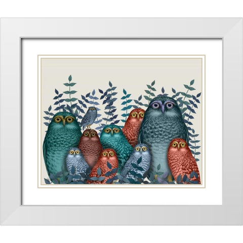 Electric Owls, Blue and Orange White Modern Wood Framed Art Print with Double Matting by Fab Funky