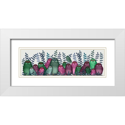 Electric Owls, Pink and Green White Modern Wood Framed Art Print with Double Matting by Fab Funky