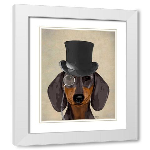 Dachshund, Formal Hound and Hat White Modern Wood Framed Art Print with Double Matting by Fab Funky