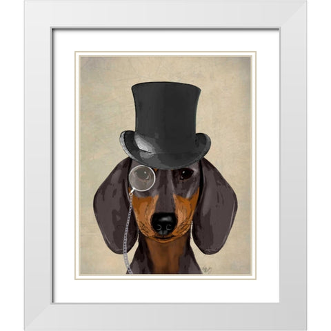 Dachshund, Formal Hound and Hat White Modern Wood Framed Art Print with Double Matting by Fab Funky