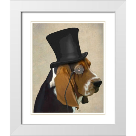 Basset Hound, Formal Hound and Hat White Modern Wood Framed Art Print with Double Matting by Fab Funky