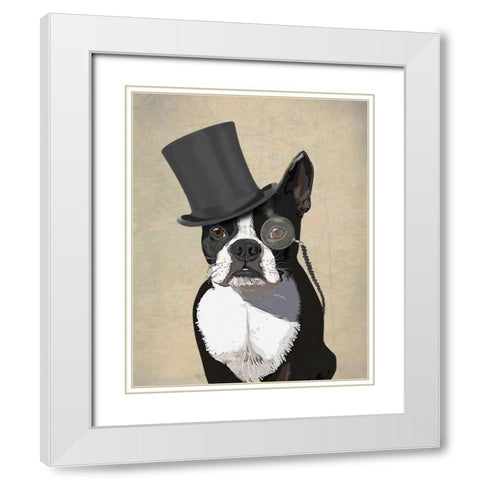 Boston Terrier, Formal Hound and Hat White Modern Wood Framed Art Print with Double Matting by Fab Funky