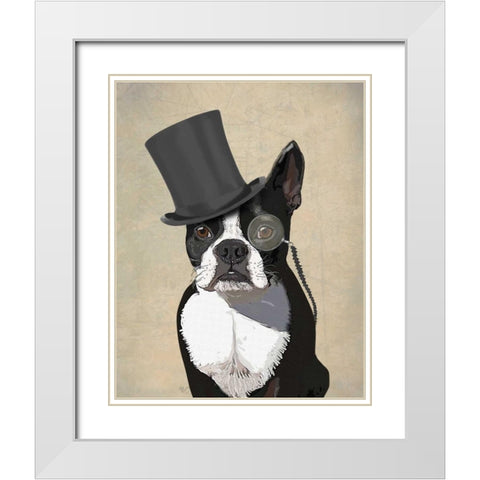 Boston Terrier, Formal Hound and Hat White Modern Wood Framed Art Print with Double Matting by Fab Funky