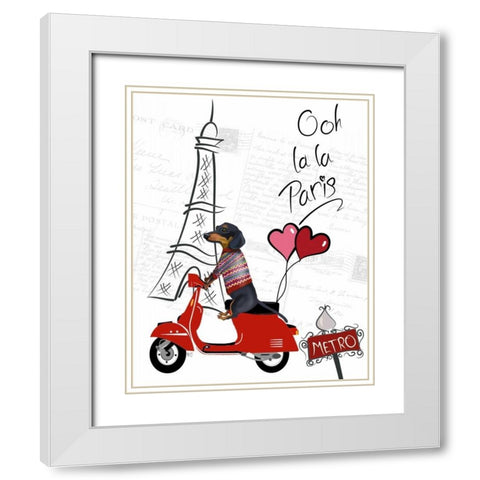 Dachshund In Paris White Modern Wood Framed Art Print with Double Matting by Fab Funky