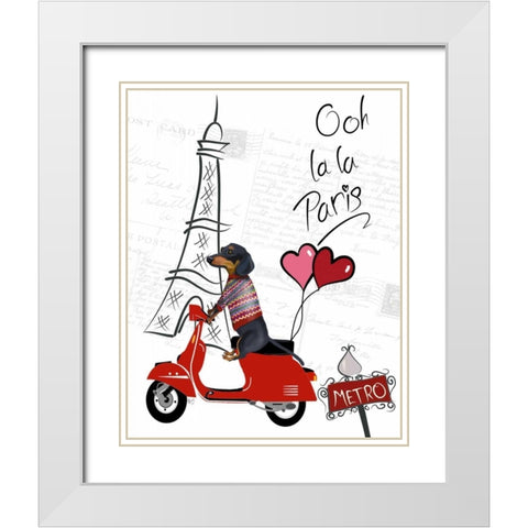 Dachshund In Paris White Modern Wood Framed Art Print with Double Matting by Fab Funky