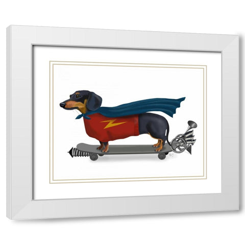 Dachshund On Skateboard White Modern Wood Framed Art Print with Double Matting by Fab Funky