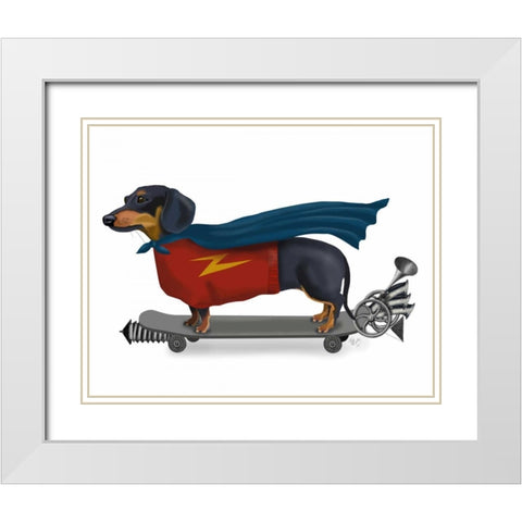Dachshund On Skateboard White Modern Wood Framed Art Print with Double Matting by Fab Funky