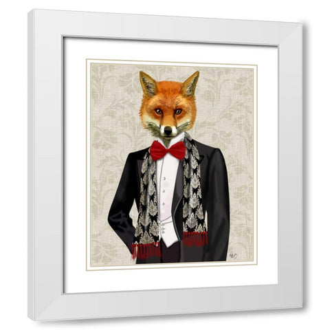 Fox with Red Bow Tie White Modern Wood Framed Art Print with Double Matting by Fab Funky