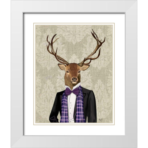 Deer in Evening Suit, Portrait White Modern Wood Framed Art Print with Double Matting by Fab Funky