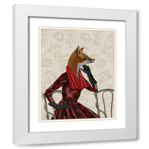Fox with Red Scarf White Modern Wood Framed Art Print with Double Matting by Fab Funky