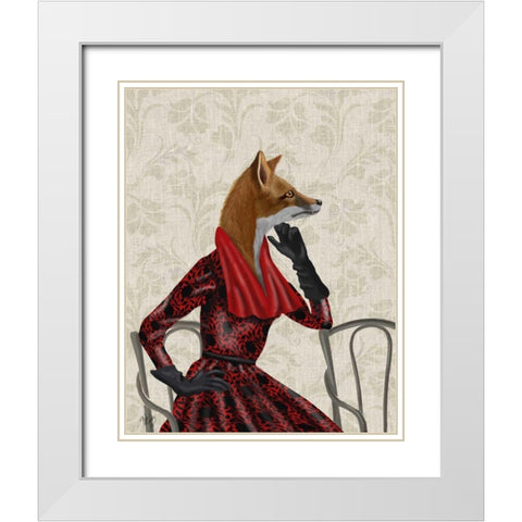 Fox with Red Scarf White Modern Wood Framed Art Print with Double Matting by Fab Funky