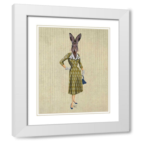 Rabbit In Mustard Dress White Modern Wood Framed Art Print with Double Matting by Fab Funky