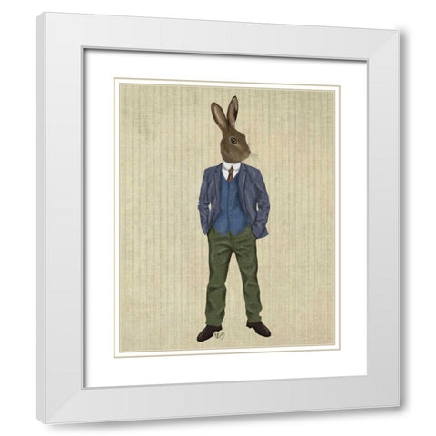 Rabbit in Blue Waistcoat White Modern Wood Framed Art Print with Double Matting by Fab Funky
