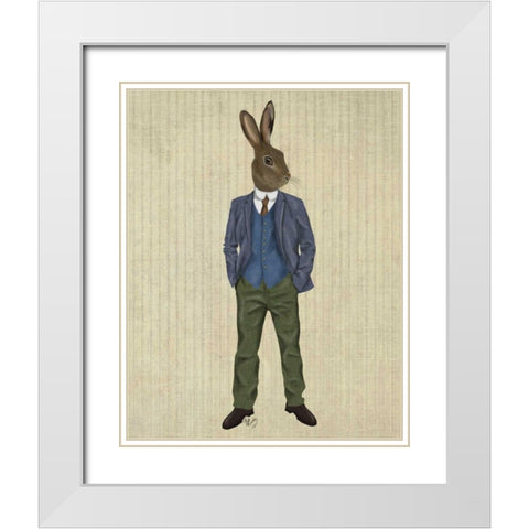 Rabbit in Blue Waistcoat White Modern Wood Framed Art Print with Double Matting by Fab Funky