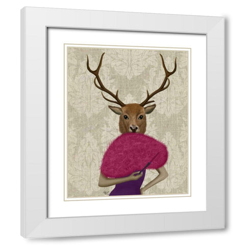 Deer with Fan, Portrait White Modern Wood Framed Art Print with Double Matting by Fab Funky