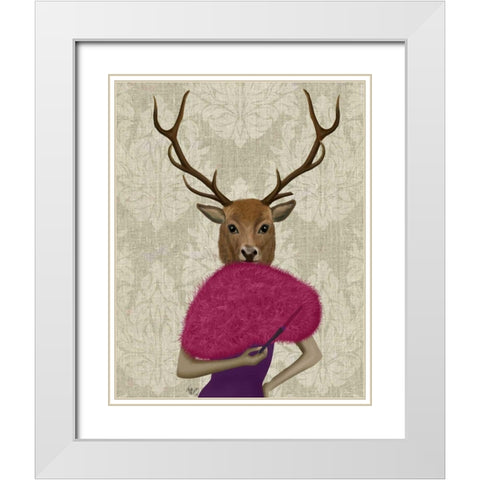 Deer with Fan, Portrait White Modern Wood Framed Art Print with Double Matting by Fab Funky