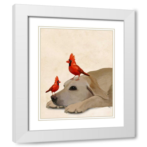 Labrador with Red Birds White Modern Wood Framed Art Print with Double Matting by Fab Funky