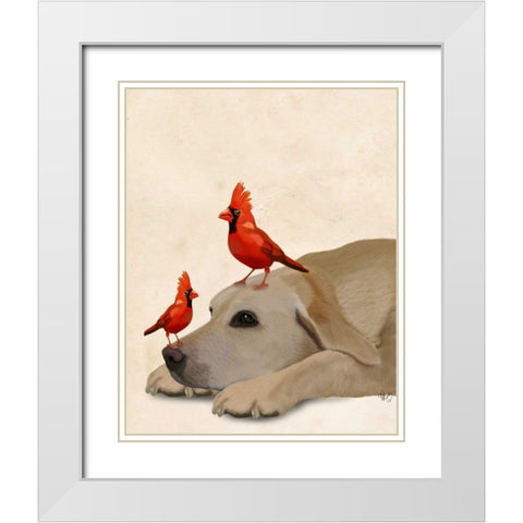Labrador with Red Birds White Modern Wood Framed Art Print with Double Matting by Fab Funky