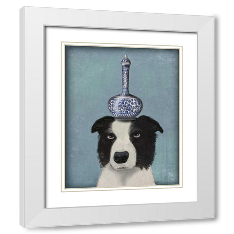 Border Collie with Blue Vase White Modern Wood Framed Art Print with Double Matting by Fab Funky