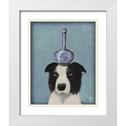 Border Collie with Blue Vase White Modern Wood Framed Art Print with Double Matting by Fab Funky