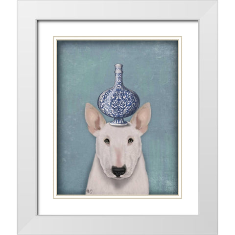 English Bull Terrier with Blue Vase White Modern Wood Framed Art Print with Double Matting by Fab Funky