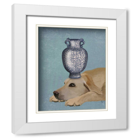 Labrador with Blue Vase White Modern Wood Framed Art Print with Double Matting by Fab Funky