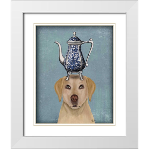 Labrador with Teapot White Modern Wood Framed Art Print with Double Matting by Fab Funky
