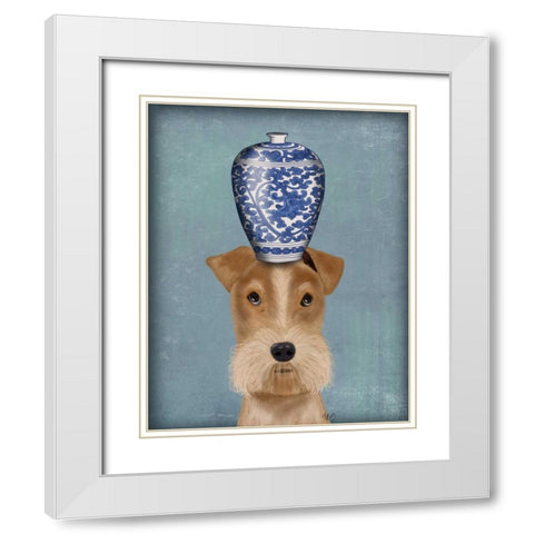 Fox Terrier with Blue Vase White Modern Wood Framed Art Print with Double Matting by Fab Funky