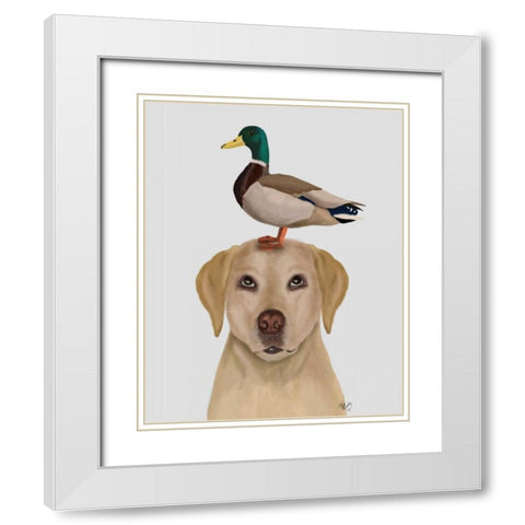 Labrador and Duck White Modern Wood Framed Art Print with Double Matting by Fab Funky