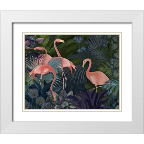 Flamingos in Blue Garden White Modern Wood Framed Art Print with Double Matting by Fab Funky