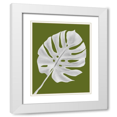 Monstera Leaf 1, White On Green White Modern Wood Framed Art Print with Double Matting by Fab Funky