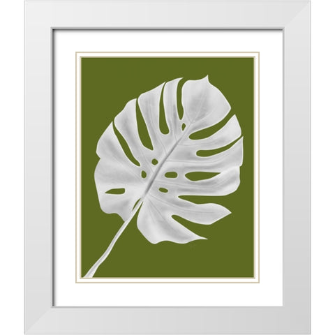 Monstera Leaf 1, White On Green White Modern Wood Framed Art Print with Double Matting by Fab Funky