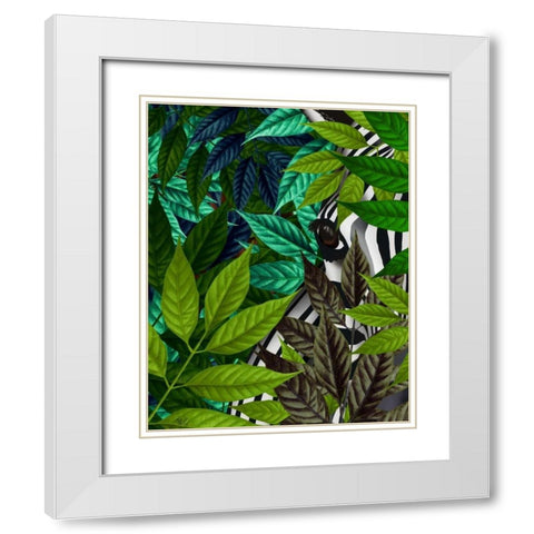 Zebra in Green Leaves White Modern Wood Framed Art Print with Double Matting by Fab Funky