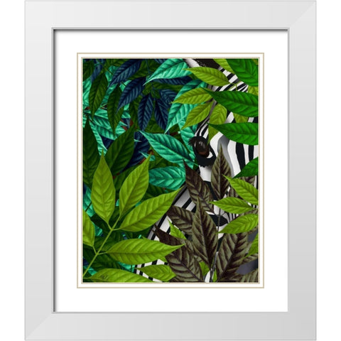 Zebra in Green Leaves White Modern Wood Framed Art Print with Double Matting by Fab Funky