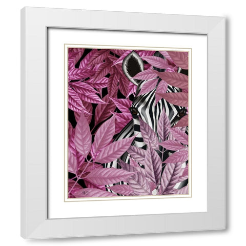 Zebra in Pink Leaves White Modern Wood Framed Art Print with Double Matting by Fab Funky