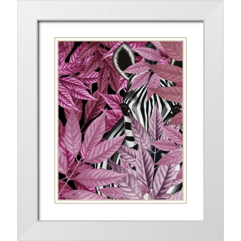 Zebra in Pink Leaves White Modern Wood Framed Art Print with Double Matting by Fab Funky
