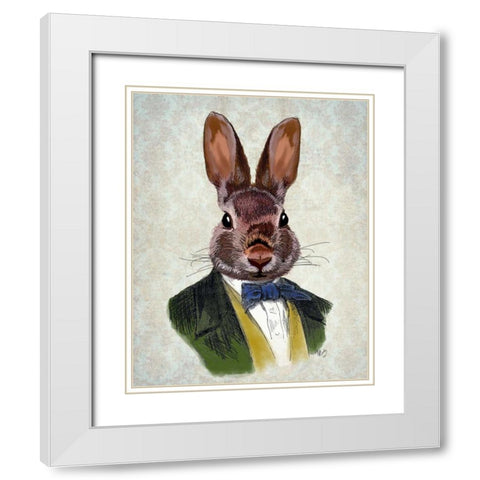Rabbit in Green Jacket White Modern Wood Framed Art Print with Double Matting by Fab Funky